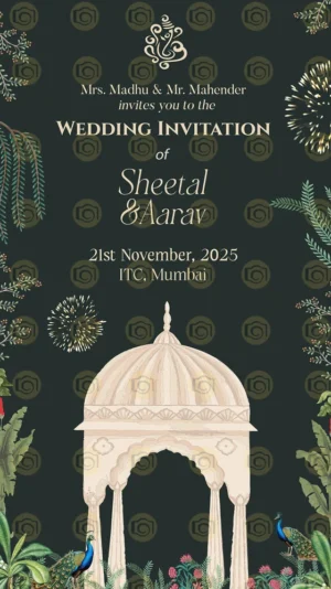 Ganesh Idol Wedding Invitation Card Adorned With Vibrant Peacocks And Delicate Flowers, Showcasing A Festive And Romantic Theme